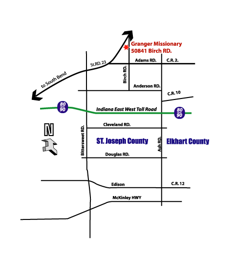 Map to Granger Missionary Church at 50841 Birch Rd., Granger, Indiana